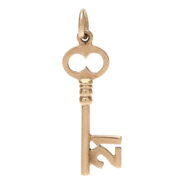 Vintage British Hallmarks 21 Key Charm, 9k Yellow Gold, Length 1 1/8 In For Sale