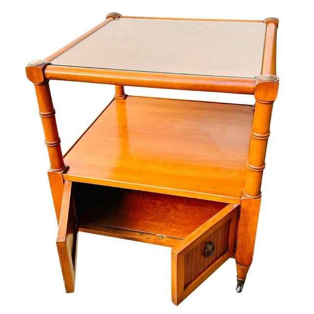 Mid-Century Bamboo Square End Tables on Casters With Glass Tops - a ...