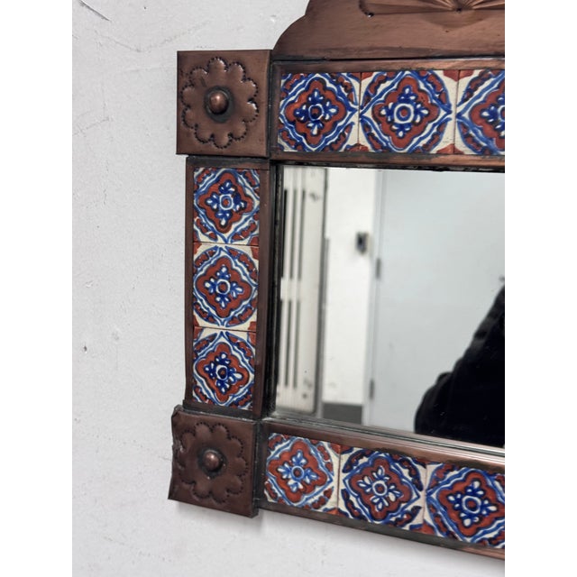 Glass Mexican Folk Art Handcrafted Embossed Tin + Hand Painted Tile Mirror For Sale - Image 7 of 12