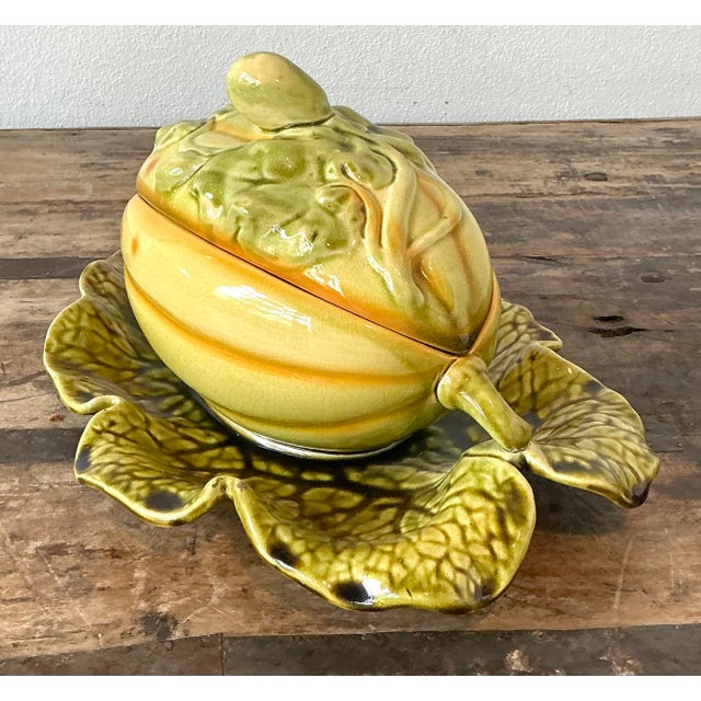 Vintage French Sarreguemines Glazed Ceramic Lidded Melon Bowl For Sale In West Palm - Image 6 of 7