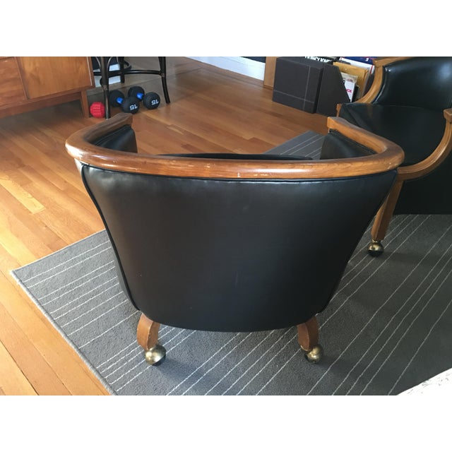 John Stuart Black Leather & Wood Bucket Chairs on Casters A Pair