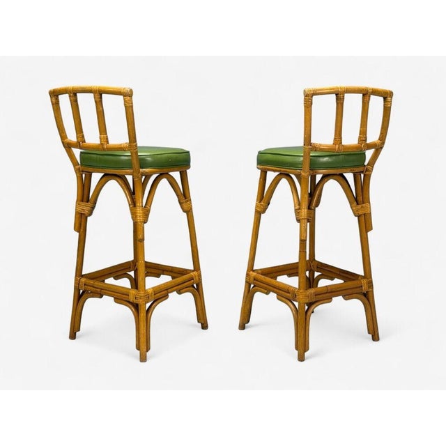 Brown Dutch Modern, Bamboo, Green Leather, Three Barstools, Netherlands, 1970s For Sale - Image 8 of 13