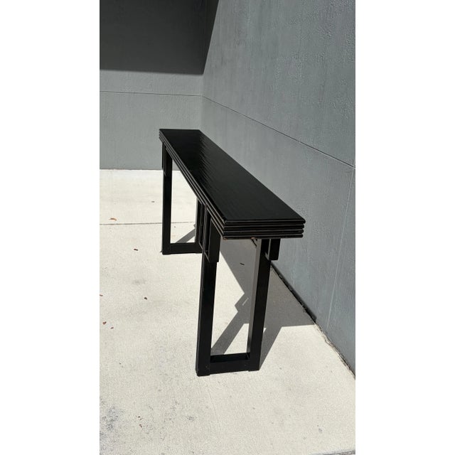 Asian John Black Compendium Modern Asian Style Wood 80" Geometric Console Bench Made For Sale - Image 3 of 3