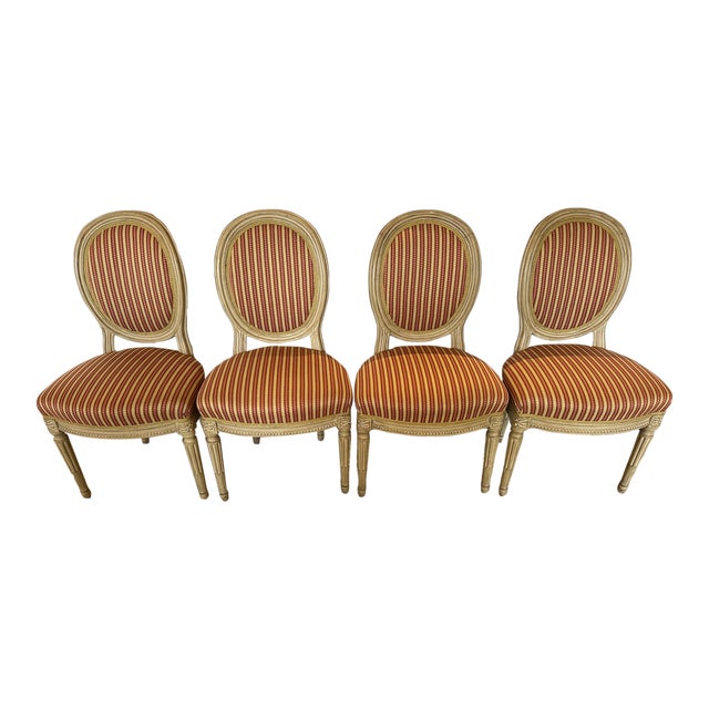 French Louis XVI Carved Wood and Upholstered Dining Side Chairs -Set of 4 For Sale