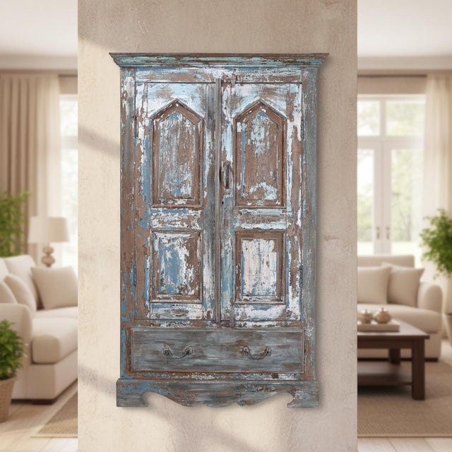 Dimensions: 36" W X 2" D X 59" H This Vintage Distressed Blue Teak Wood 59" Tall Door Repurposed Wall Decor is a unique...