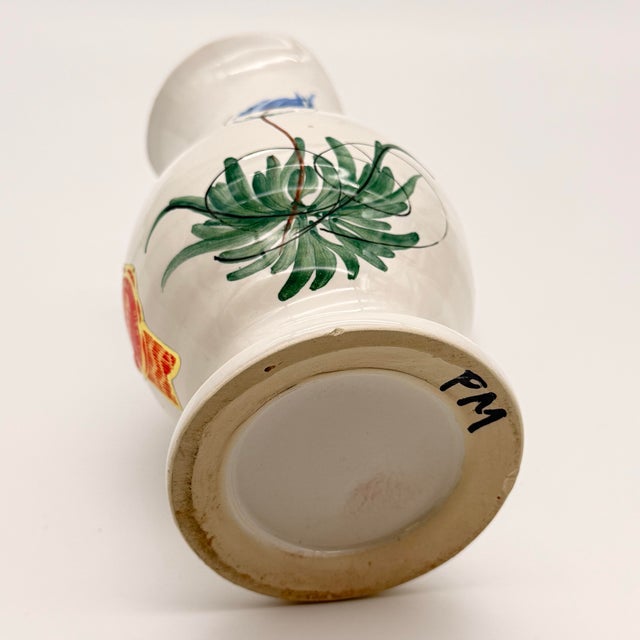Vintage Céramique Fady Vallauris Pitcher - Hand Painted Blue Thistle Flower French Folk Art Pottery, Signed Sticker Exécuté Main For Sale In Portland, ME - Image 6 of 7