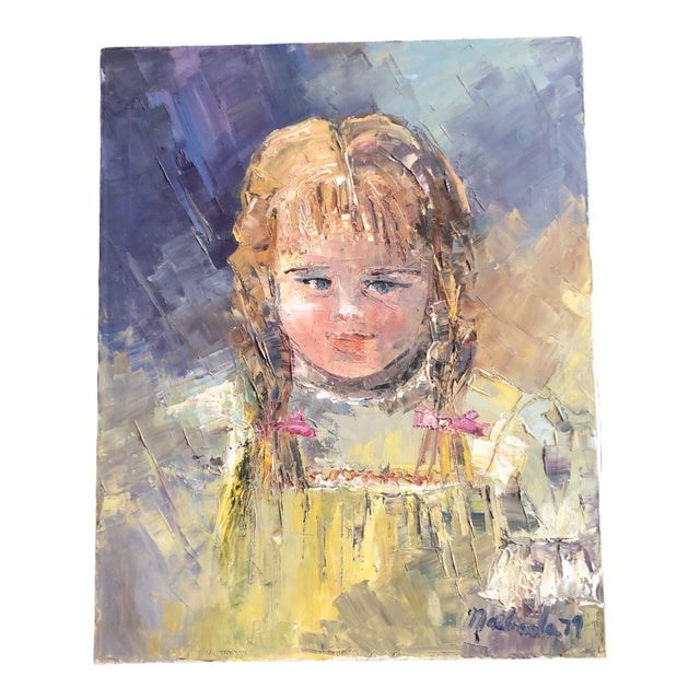Original Vintage Impressionist Portrait of Little Girl Signed 1970’s For Sale