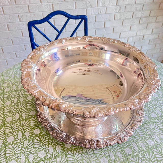 Gorham "Newport" silverplate punch bowl, tray and ladle with embossed design and grapevine rim // huge champagne bucket // wedding decor For Sale - Image 15 of 18