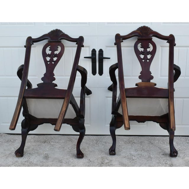 Brown Vintage Pair of Carved Mahogany Chippendale Style Arm Chairs For Sale - Image 8 of 12