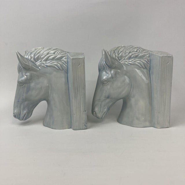 VTG Set 2 Mid Century Ceramic Horse Head Bookends Pale Blue White Glazed 8.5" For Sale In Buffalo - Image 6 of 11