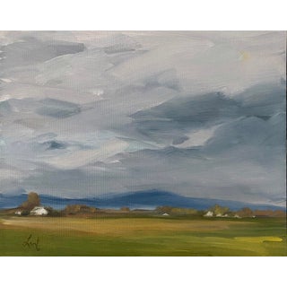 Rain To The North by Leigh Ann Van Fossan | Oil Painting of a cloudy landscape with fields and houses For Sale