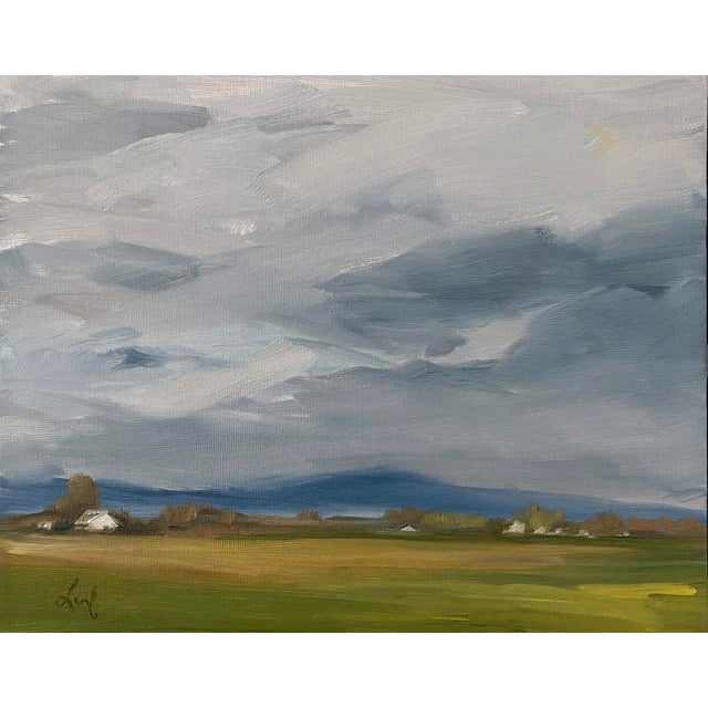 Rain To The North by Leigh Ann Van Fossan | Oil Painting of a cloudy landscape with fields and houses For Sale