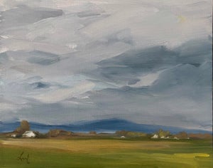 Rain To The North by Leigh Ann Van Fossan | Oil Painting of a cloudy landscape with fields and houses