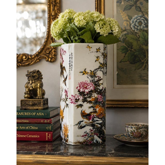 Vintage Chinese Famille Rose Bird & Flower Porcelain Square Vase With Qianlong Mark For Sale In Portland, ME - Image 6 of 10