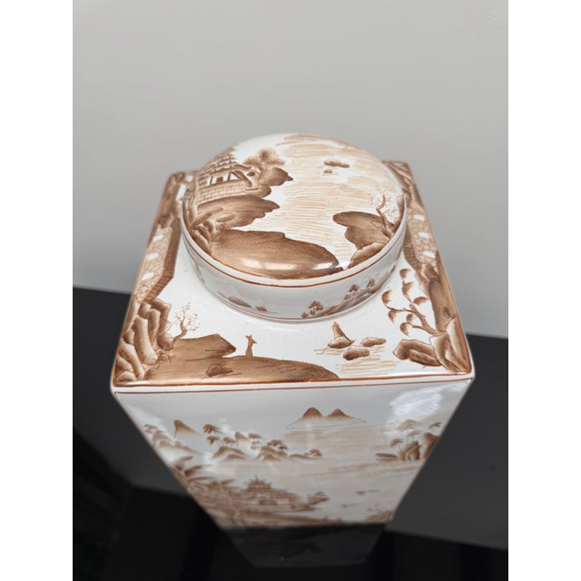 Square Porcelain Ginger Jar in Sepia Tones For Sale - Image 11 of 11