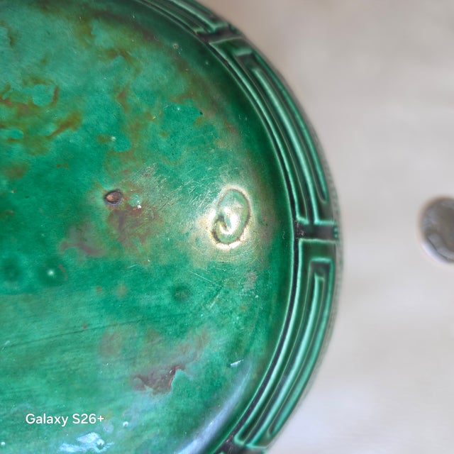 Dark Green Vintage Art Deco Green Monochrome Glazed Porcelain Greek Key Bowl For Sale - Image 8 of 12