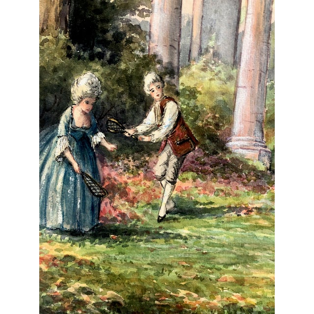 Late 19th Century Belle Epoque Watercolor of 18th-Century Courtiers Playing Shuttlecock Game For Sale - Image 5 of 7