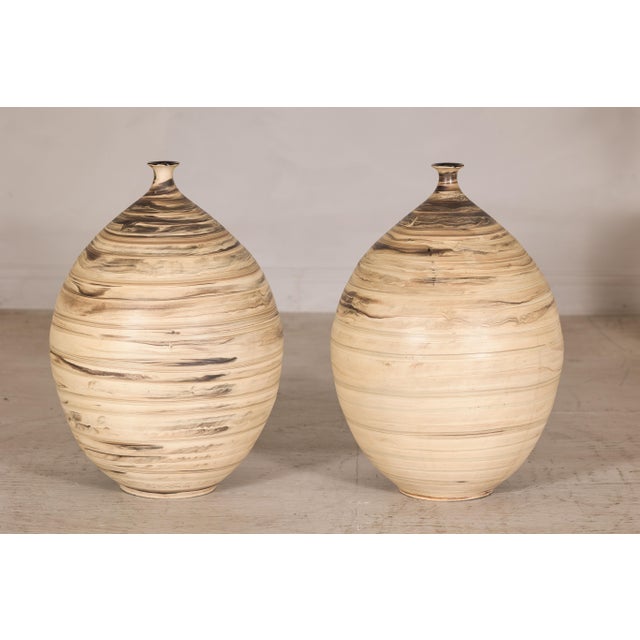 Late 20th Century Large Artisan Ceramic Floor Vases with Cream and Brown Swirled Glaze (Sold Each) For Sale - Image 18 of 18