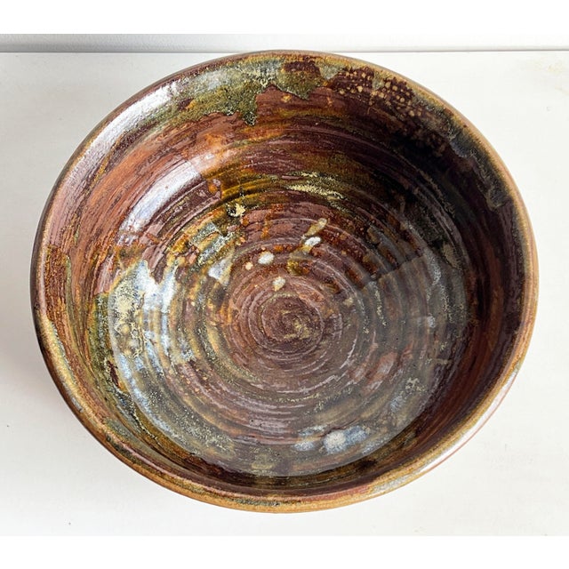 Large Signed Studio Pottery Bowl by John Gasper in Earthy Glaze Tones For Sale - Image 4 of 11