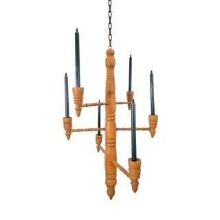 Brutalist Twisted Spool Candle Chandelier in Wood, 1960s For Sale