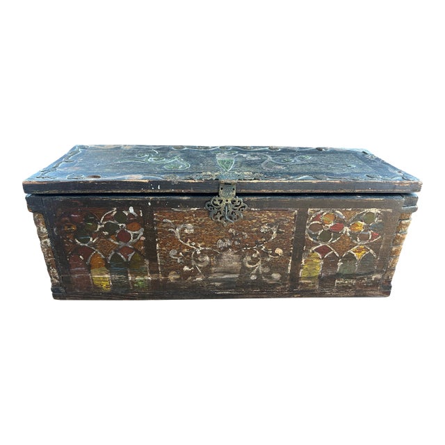 Antique Wooden Hand-Painted Chest Dowry, Marriage Box, Rustic For Sale