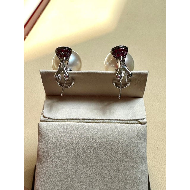 2000 - 2009 14 mm Round South Sea Pearl & Ruby Cocktail Stud Earrings 18 Karat White Gold, A Pair For Sale - Image 5 of 18