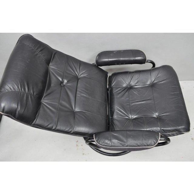 Vintage Black Leather Ekornes Stressless Style Swivel Recliner Lounge Chair For Sale - Image 16 of 17