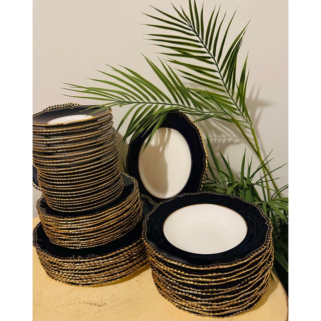 Navy Blue 72 Pieces Royal Worcester English Porcelain Dinnerware Navy Blue & Gold Encrusted Set for 12 People For Sale - Image 8 of 12