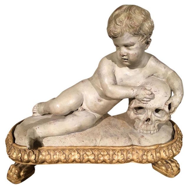 Memento Mori Child Skull Figure Sculpture, Faux White Marble, Late 17th Century For Sale - Image 17 of 17