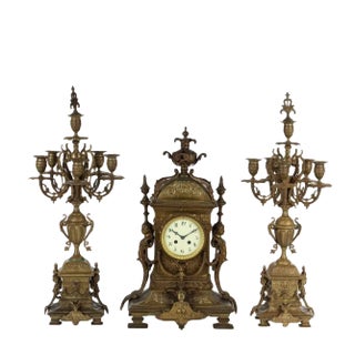 Bronze Clock with Candleholders, France, 19th Century, Set of 3 For Sale