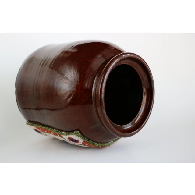 Primitive Brown Stoneware Crock With Punch Needle Star For Sale - Image 4 of 9