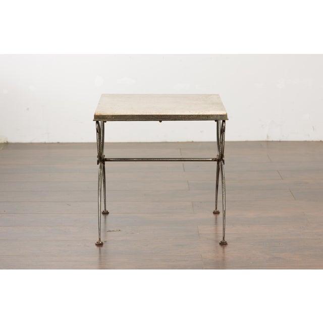 French Midcentury French Steel Side Table with Marble Top and Scrolling Supports For Sale - Image 3 of 12