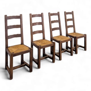 Rustic Oak Chairs with Straw Seats, Set of 4 For Sale