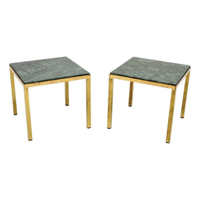 Vintage French Brass Side Tables with Marble Tops, 1970s, Set of 2 For Sale