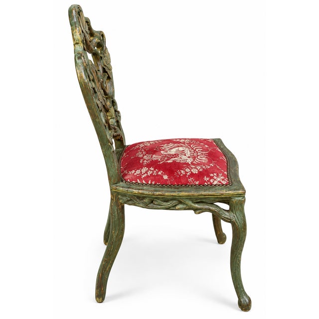 19th-C. Green Painted Black Forest Carved Faux Bois Side Chair in Dog Toile Linen For Sale In Atlanta - Image 6 of 6