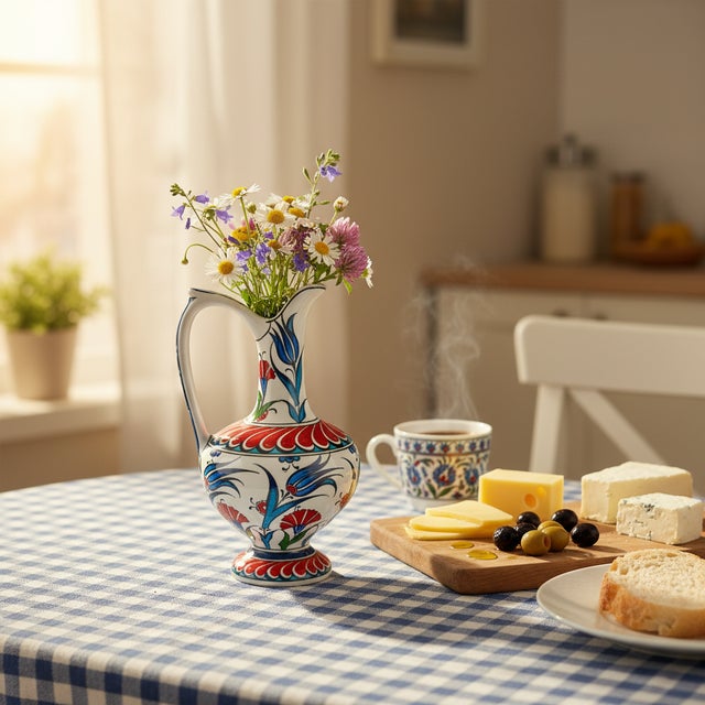 Turkish Handmade Ceramic Pitcher (20cm) – Red Petal Collar & Blue Tulips – Compact Lion’s Mouth Vase For Sale - Image 3 of 11