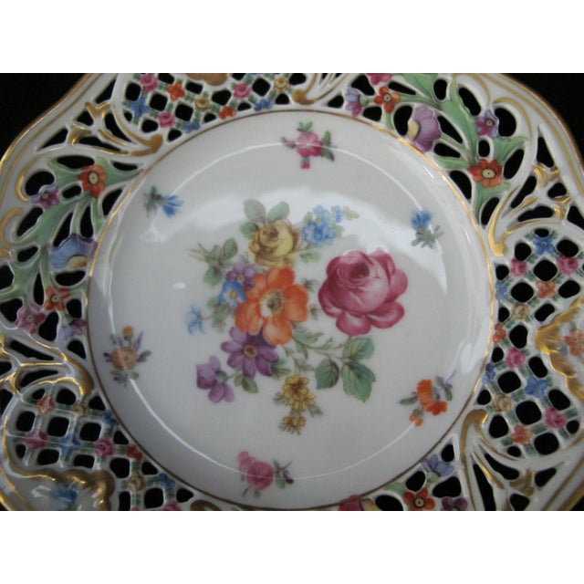 Early 20th Century Dresden Carl Schumann Bavaria Chateau Floral 6 1/4" Pierced Bread Plate Set of 8 For Sale - Image 9 of 9