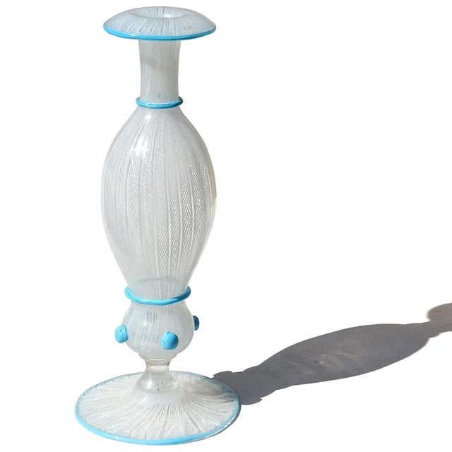 Please Note - Priced Per Item (2 vases are available). Beautiful antique Murano hand blown white ribbons and blue accents...