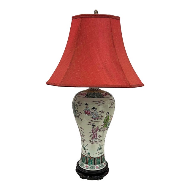 Mid-20th Century Vintage Chinese Hand-Painted Porcelain Vase Table Lamp For Sale