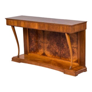 Italian Art Deco Three Drawer Walnut Console With Crotch Veneer For Sale