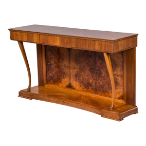 Italian Art Deco Three Drawer Walnut Console With Crotch Veneer