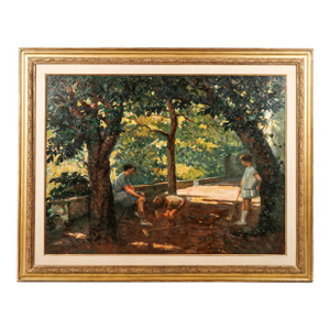 Jean Chaleye Oil on Board of Children at Croquet