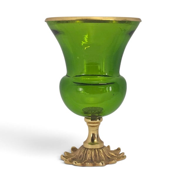 Hollywood Regency Lime Green Art Glass Vase With Gilded Floral Pedestal, Neoclassical Revival For Sale - Image 3 of 8