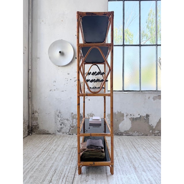 Rattan and Black Glass Bookcase, 1960s For Sale - Image 4 of 18