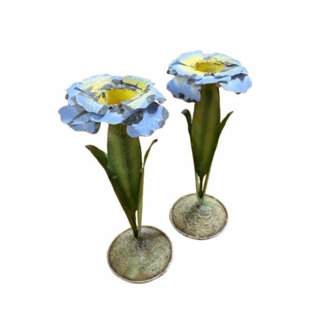 Mid 20th Century Italian Tole Flowers Botanical Candle Holders, a Pair For Sale In Miami - Image 6 of 9