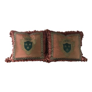 Embroidery Silk & Velvet Crest Pillows with Tassel Trim - a Pair For Sale