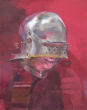 Last Selfie Before Tournament by Elena Burykina | Oil on panel Portrait of a knight in armor.