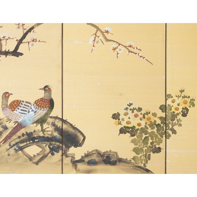 C. 1970s Showa Era Japanese Painted Silk Byobu Screen "Pheasants and Sakura" For Sale In Dallas - Image 6 of 18