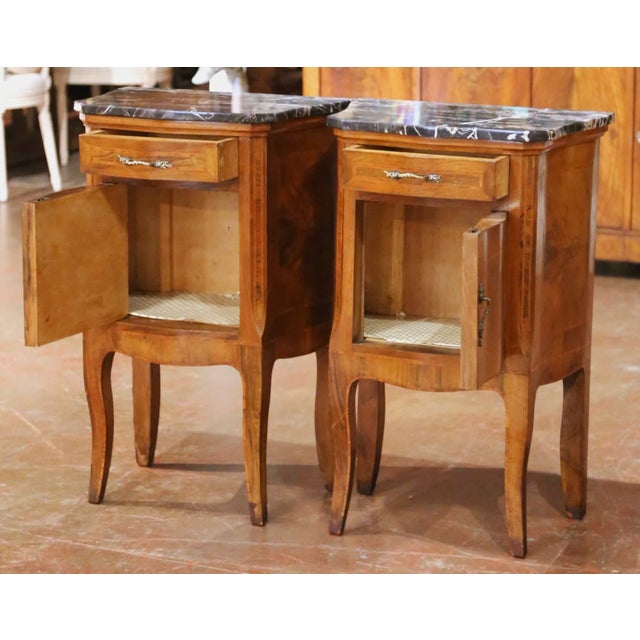Pair of 19th Century French Louis XV Inlaid Walnut Marble-Top Bedside Tables For Sale - Image 4 of 10