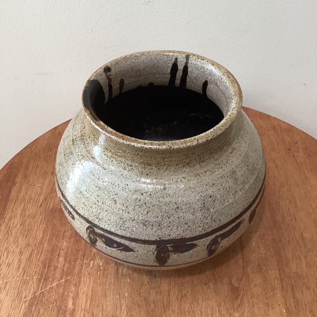 Mid-Century Modern Vintage Stoneware Studio Pottery Vase Tan/Brown Speckled Glaze Moriage Style Signed For Sale - Image 3 of 12